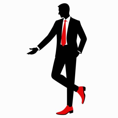 Şık ve kendine güvenen bir iş adamı silueti, takım elbise ve kravat giymiş, rahat ama profesyonel bir pozda duruyor. Canlı kırmızı ayakkabılarla vurgulanmış, modern ve unutulmaz bir görüntü yaratıyor. İş, şirket ve moda için mükemmel. 