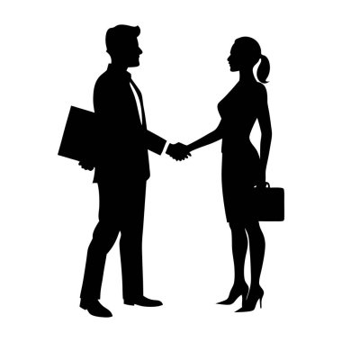 İş adamı ve iş kadınının basit bir siyah-beyaz çizimi başarılı bir iş anlaşmasını, ortaklığı veya anlaşmayı sembolize ediyor. İşbirliği, takım çalışması, başarı ve kurumsal pa kavramlarını resmetmek için mükemmel.