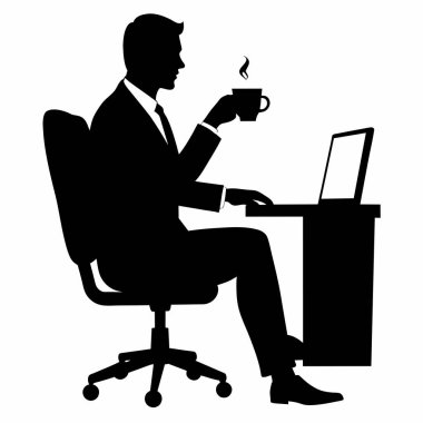 Kahve molası verirken dizüstü bilgisayarında çalışan şık bir iş adamının silueti. İş, başarı, sabah rutini ve iş hayatı kavramları için mükemmel. Modern vektör illüstrasyonu, web siteleri, sunumlar ve pazarlama ma için idealdir