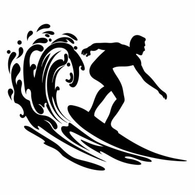 Gün batımında güçlü dalgalarda sörf yapan bir sörfçünün silueti. Sörf, ekstrem sporlar, yaz, özgürlük ve kıyı yaşamı için mükemmel bir tasarım. Yüksek kontrastlı siyah-beyaz vektör grafiği ağ ve baskı için idealdir. Tarz sahibi ve dinamik bir ressam.