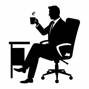 Ofis sandalyesinde kahve molası veren bir iş adamının silueti. İş hayatı dengesi, rahatlama ya da iş günü dinlenme kavramlarını göstermek için mükemmel. Yüksek kaliteli vektör grafiği, sunumlar, web siteleri için ideal, bir