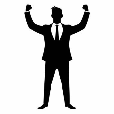 Zafer kutlamalarında kollarını kaldıran güçlü bir iş adamı silueti. Bu minimalist, siyah ve beyaz imaj iş dünyasındaki başarıyı, başarıyı ve hırsı simgeliyor. Şirket sunumları, motivasyon posterleri ve Ilus için mükemmel.