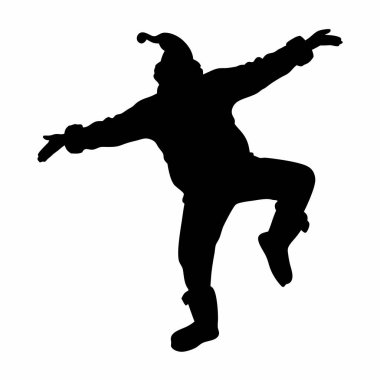 Noel Baba 'nın neşeli bir silueti şenlikli bir kış dansı yapıyor. Noel ve bayram tebrik kartları, davetiyeler ve şenlik tasarımları için mükemmel. Bu vektör grafik, şeffaf bir arka plana karşı siyah ve beyaz izole bir siluet içerir