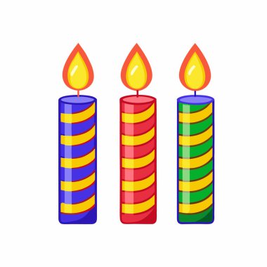 Üç tane parlak çizgili doğum günü mumu, doğum günü tasarımlarına şenlik dokunuşu katmak için mükemmel. Canlı renkler ve basit, neşeli bir stil bu vektör grafiğini davetiyeler, kartlar ve parti dekorasyonları için ideal hale getirir. Bu yüksek Q 'yu indir