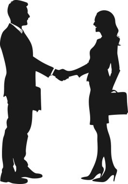 Başarılı bir iş anlaşmasını, ortaklığı ve işbirliğini sembolize eden bir iş adamı ve iş kadınının el sıkışmasını gösteren güçlü bir siyah beyaz vektör çizimi. Anlaşma, sözleşme imzalama ve ortaklık kavramlarını resmetmek için mükemmel.