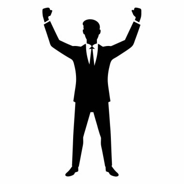 Kutlama yapan bir iş adamının silueti başarıyı, başarıyı ve zaferi simgeliyor. İş zaferini, liderliği, hırsı ve hedefe ulaşmayı göstermek için mükemmel. Minimalist siyah beyaz vektör grafiği, kurumsal sunum için ideal