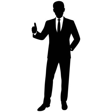 Bir iş adamının güçlü bir silueti, başarıyı, onayı ve olumlu başarıyı sembolize ediyor. İş, şirket ve liderlik kavramları için mükemmel. Bu yüksek kaliteli vektör illüstrasyonu sunumlar ve web siteleri için idealdir