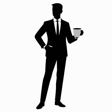 Kahve molası veren bir iş adamının silueti. Sunumlar, web siteleri ya da pazarlama materyalleri için mükemmel. Sofistike, minimalist bir his gerekiyor. Siyah beyaz vektör grafik, çeşitli uygulamalar için kolayca ölçeklenebilir. Temalar için ideal