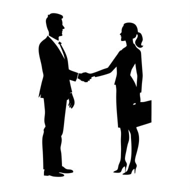 İş adamı ve iş kadınının siyah beyaz silueti el sıkışıyor, başarılı bir iş anlaşması, ortaklık ya da anlaşma anlamına geliyor. Takım çalışması, işbirliği, başarı ve kurumsal başarı kavramlarını temsil eder. Çizimler için ideal.