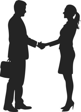 Başarılı bir iş anlaşmasını, ortaklığı ve anlaşmayı sembolize eden, iş adamı ve iş kadınının güçlü bir siyah beyaz çizimi. İş gücünü vurgulayan kurumsal sunumlar, web siteleri ve pazarlama materyalleri için mükemmel.
