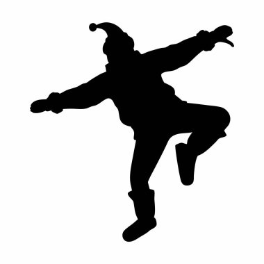 Karda neşeyle dans eden bir insanın garip siyah beyaz vektör çizimi. Tatil kartları, kış temalı tasarımlar ve neşeli festival projeleri için mükemmel. Basit, minimalist siluet, beyaz arka planda izole edilmiş. Çocuk için ideal