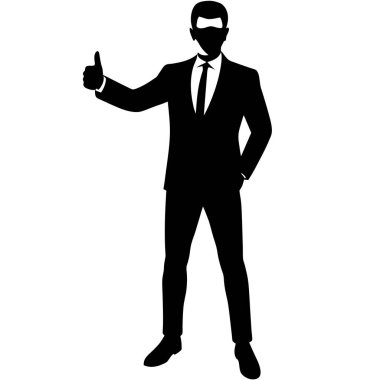 Takım elbiseli kendine güvenen bir iş adamının silueti. Başarının, onayının ve olumlu iş sonuçlarının güçlü bir sembolü. Sunumlar, pazarlama malzemeleri ve güçlü bir görsel temsil gerektiren web siteleri için mükemmel.
