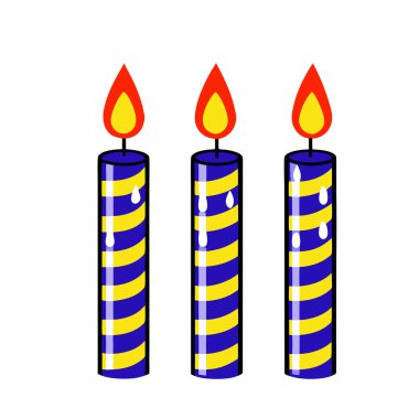 Üç tane parlak çizgili doğum günü mumu. Parti davetiyelerinize, tebrik kartlarınıza ya da web sitesi tasarımlarınıza neşeli bir dokunuş katmak için mükemmel. Basit karikatür biçimi kolayca çeşitli projelere eklenir. Bu vektör illüstrasyonu