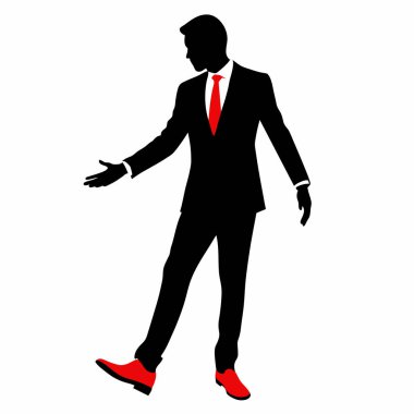 Kendine güvenen bir işadamı siluetinin minimalist bir temsili, takım elbise ve kravat giymiş, kırmızı ayakkabılı. Zarif duruş ve temiz çizgiler bu resmi sunumlar, iş kavramları ve liderlik temaları için ideal hale getiriyor..  