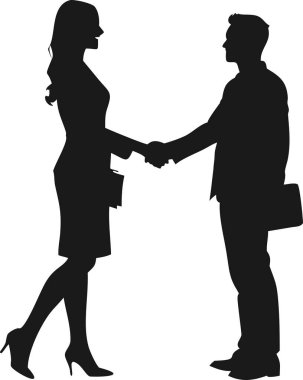 İş kadını ve işadamının başarılı bir iş anlaşmasını, ortaklığı ya da anlaşmayı simgeleyen el sıkışmalarını gösteren siyah beyaz vektör çizimi. İşbirliği, takım çalışması, başarı ve kurumsal profesyonellik kavramları için mükemmel.