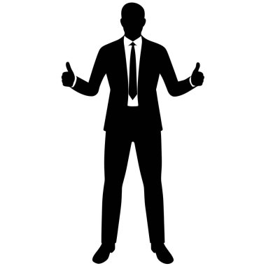 Kendine güvenen bir iş adamının silueti, başarı, onay ve başarıyı simgeliyor. İş, finans ve pazarlama sunumları için idealdir, olumlu sonuçlar, anlaşmalar ve liderlik gösterilir. Temiz, basit ve basit.