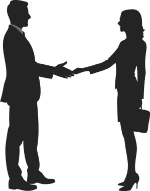 Başarılı bir iş anlaşmasını, ortaklığı, anlaşmayı ve işbirliğini sembolize eden iş adamı ve iş kadınının basit bir siyah beyaz çizimi. Profesyonel bir minima 'ya ihtiyaç duyan sunumlar, raporlar ya da web siteleri için mükemmel