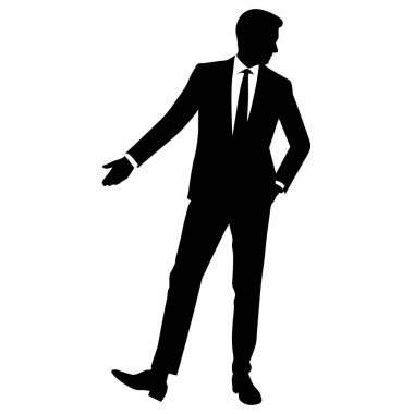 Şık giyimli bir iş adamı silueti, kendine güvenen şık bir duruşta duruyor. Başarı, liderlik ve kurumsal başarı kavramları için mükemmel. Yüksek kaliteli vektör çizimi, beyaz arkaplanda izole edilmiş, iş sunumu için ideal