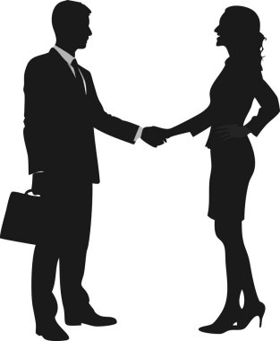 İş adamı ve iş kadınının basit bir siyah-beyaz çizimi başarılı bir iş anlaşmasını, ortaklığı veya anlaşmayı sembolize ediyor. Takım çalışması, işbirliği, başarı ve kurumsal ac kavramlarını resmetmek için mükemmel.