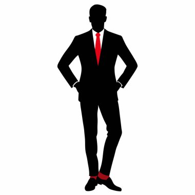 Sivri kırmızı kravat ve siyah takım elbiseli, elleri kalçasında duran kendine güvenen bir iş adamının silueti. Güçlü ve şık bir vektör çizimi, iş, şirket ve liderlik teması için mükemmel. Sunumlar, web siteleri ve pazarlama için ideal