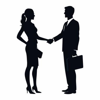 Bir iş kadını ve işadamının basit, siyah beyaz bir silueti, başarılı bir iş anlaşmasını, ortaklığı, anlaşmayı ve işbirliğini simgeliyor. Sözleşme imzalama, şirket başarısı ve takım çalışması kavramları için mükemmel., 