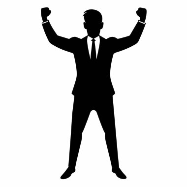 Başarılı bir iş adamının silueti başarıyı kutluyor. Başarı, liderlik, hırs ve kurumsal zafer kavramları için mükemmel. Minimalist siyah-beyaz tasarım, sunumlar, web siteleri ve pazarlama malzemeleri için ideal. Temiz, aptal.