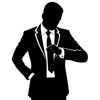 Saatini kontrol eden bir iş adamının zarif silueti dakiklik ve profesyonelliği vurguluyor. Zaman yönetimi, teslim tarihleri, iş başarısı ve şirket liderliği kavramları için mükemmel. Siyah ve beyaz olarak yüksek kaliteli vektör grafiği, ide