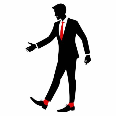 Takım elbiseli, kırmızı kravatlı ve kırmızı çoraplı kendine güvenen bir işadamı. Vektör silueti çizimi, iş, şirket ve başarı temaları için mükemmel. Siyah ve beyaz tasarım, sunumlar, web siteleri ve pazarlama materyali için ideal