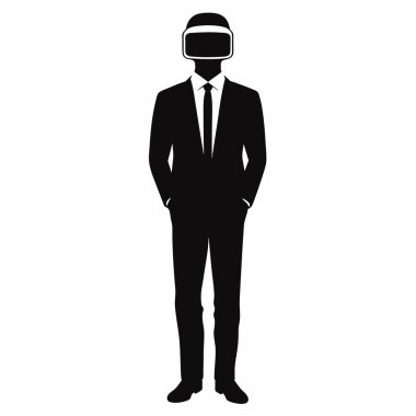 İş dünyasının ve teknolojik yeniliklerin geleceğini temsil eden VR kulaklık takan bir iş adamının silueti. Basit, minimalist bir tasarım, sanal gerçeklik, metaevren ve modern işle ilgili kavramlar için mükemmel. Sunum için ideal