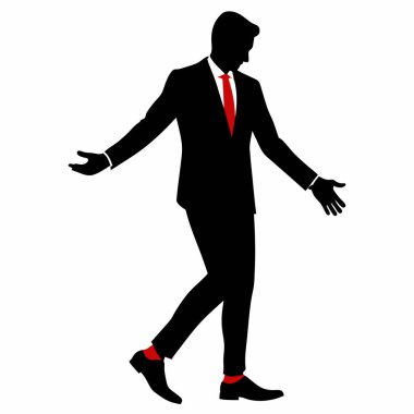 Şık bir iş adamı silueti, kendine güvenerek yürüyor, temiz beyaz bir arkaplanda kırmızı bir popo gösteriyor. Modern, minimalist bir hisse ihtiyaç duyan kurumsal sunumlar, web siteleri ve pazarlama materyalleri için vektör illüstrasyonu mükemmel. Görüntü