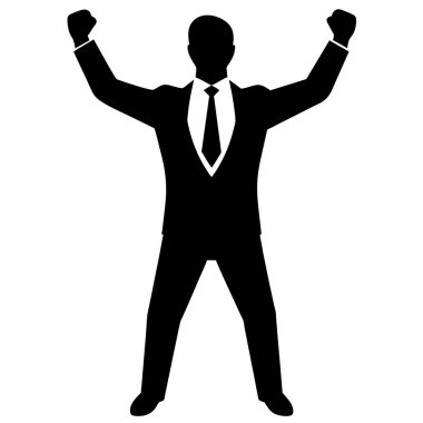 Başarılı bir iş adamının silueti başarıyı kutluyor. Başarı, hırs, liderlik ve kurumsal zafer kavramlarını göstermek için mükemmel. Yüksek kalite vektör grafiği, sunumlar, web siteleri ve pazarlama malzemeleri için ideal. Bla