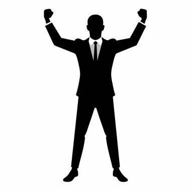 Başarılı bir iş adamının silueti başarıyı kutluyor. Kurumsal dünyada başarıyı, hırsı ve liderliği temsil eden güçlü bir imaj. İş, finans ve motivasyon kavramları için ideal. Temiz, minimalist tasarım, halkla ilişkiler için mükemmel.