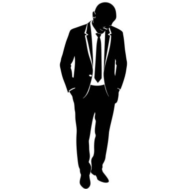 Takım elbiseli ve kravatlı dalgın bir iş adamının minimalist silüeti. Liderlik, kurumsal strateji, karar verme ya da iş başarısı kavramları için mükemmel. Yüksek kalite vektör grafiği, çeşitli uygulamalar için kolayca ölçeklenebilir. Web için ideal