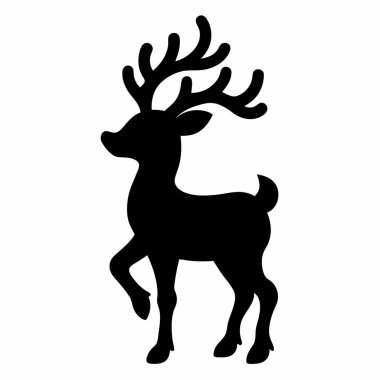 Zarif siyah-beyaz ren geyiği silueti, Noel ve tatil tasarımları için mükemmel. Kartlar, hediye paketleri ve şenlikli dekorasyonlar için ideal. Basit, vektör grafik, kolayca basılabilir ve çeşitli projeler için uyarlanabilir. Klasik bir Noel sembolü.