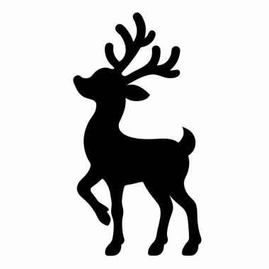 Zarif siyah-beyaz ren geyiği silueti, Noel kartları, davetiyeler ve şenlikli dekorasyonlar için mükemmel. Baskı veya web kullanımı için basit, minimalist bir vektör grafiği. Bu çok yönlü tasarım ögesi kolayca özelleştirilebilir ve bir dokunuş ekler