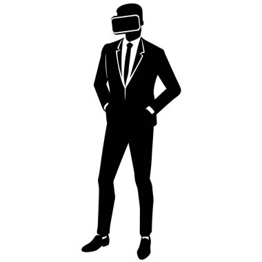 Sanal gerçeklik kulaklığı takan bir iş adamının silueti modern iş dünyasını ve teknolojik yeniliği temsil ediyor. Çalışmanın geleceği, dijital dönüşüm ve teknolojiyle ilgili kavramlar için mükemmel bir minimalist vektör çizimi