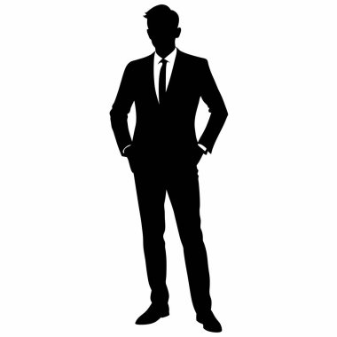 Resmi giyinmiş kendine güvenen bir iş adamının çarpıcı silueti. İş sunumları, markalaşma ve web sitesi tasarımı için mükemmel. Bu vektör illüstrasyonunda minimalist, zarif bir stil, profesyonelliği ve başarıyı iletmek için ideal