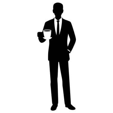 Kahve molası veren bir iş adamının silueti. Sabah rutinleri, iş hayatı dengesi ve kurumsal kültür kavramlarını resmetmek için mükemmel. Beyaz arkaplanı olan temiz, minimalist vektör grafiği, sunumlar için ideal web sitesi,