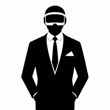 Gösterişli siyah takım elbiseli şık bir işadamı modern iş yeniliklerini ve teknolojik gelişmeleri somutlaştıran sanal bir gerçeklik kulaklığı kullanıyor. Görüntü başarıyı, liderliği ve metaevren içindeki kurumsal girişimin geleceğini temsil ediyor. Öge