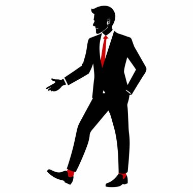 Kendine güvenen bir iş adamının minimalist vektör silueti el uzatarak selamlama, teklif ya da anlaşma yapıyor. Sunumlar, web siteleri ve pazarlama malzemeleri için mükemmel. Temiz, modern ve profesyonel bir imaja ihtiyaç var. Resimler