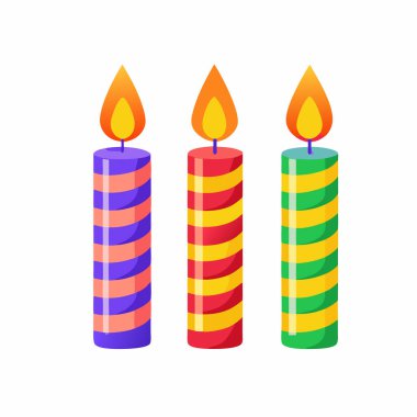 Üç tane parlak çizgili doğum günü mumu, doğum günü tasarımlarına şenlik dokunuşu katmak için mükemmel. Canlı renkler arasında mor, kırmızı, yeşil, sarı, turuncu ve pembe sayılabilir. Davetiyeler, parti dekorasyonları ve kutlama grafikleri için ideal. Vecto