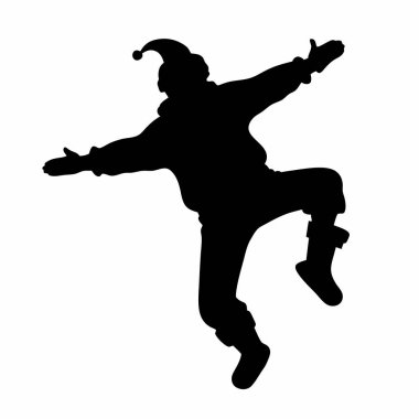 Neşeli bir elfin neşeli bir şekilde havada zıplayan siyah beyaz bir vektör silueti Noel 'in şenlikli ruhunu mükemmel bir şekilde yakalıyor. Bayram tebrikleri, kartlar ve kış temalı tasarımlar için ideal. Bu şakacı illüstrasyon bir...