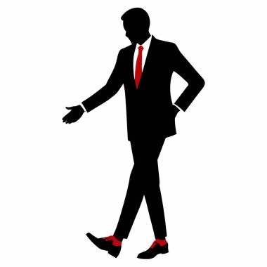 Kendine güvenen bir iş adamının silueti elini uzatarak elini uzatıyor. İş anlaşmaları, başarı, pazarlıklar ve şirket liderliği için mükemmel. Beyaz arkaplanda izole edilmiş vektör illüstrasyonu, halkla ilişkiler için ideal