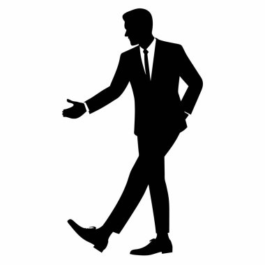 Bir iş adamının gösterişli, minimalist vektör silueti. Karşılama jestinde elini uzatıyor. Profesyonel, modern ve zarif bir dokunuşa ihtiyaç duyan iş sunumları, web siteleri veya pazarlama materyalleri için mükemmel. Yüksek kalite grafik