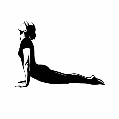 Beyaz arka planda yoga yapan bir kızın silüeti.