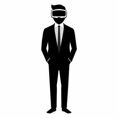 Sanal gerçeklik kulaklığı takan fütürist bir işadamı modern iş dünyasında yenilik ve dijital dönüşümü somutlaştırıyor. Temiz, asgari vektör illüstrasyonunda ileri teknoloji ve professiona 'da VR potansiyeli sergileniyor