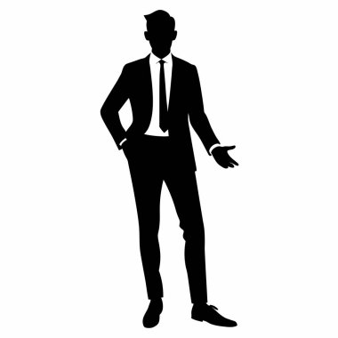 Takım elbiseli ve kravatlı kendine güvenen bir işadamının güçlü bir silueti, bir jest sunuyor. Sunumlar, iş raporları ya da kurumsal markalaşma malzemeleri için mükemmel. Temiz, minimalist vektör çizimi, kolayca ölçeklenebilir ve özelleştirilebilir