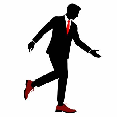 Kırmızı ayakkabılı şık bir işadamının dinamik silueti, özgüvenle yürüyor. Başarı, liderlik ve modern iş kavramları için mükemmel. Beyaz arkaplanda izole edilmiş vektör grafiği. Sunumlar, web siteleri ve pazarlama materyali için ideal