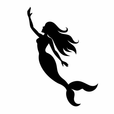 Dalgalı saçlı, rüya gibi bir okyanus sahnesinde yukarı doğru uzanan bir denizkızının zarif siyah ve beyaz vektör silueti. Web siteleri, markalaşma ve tasarım projeleri için ideal. Biraz fantezi ve zarafet gerektiriyor. Yaz, sahil ya da sahil temaları için mükemmel..