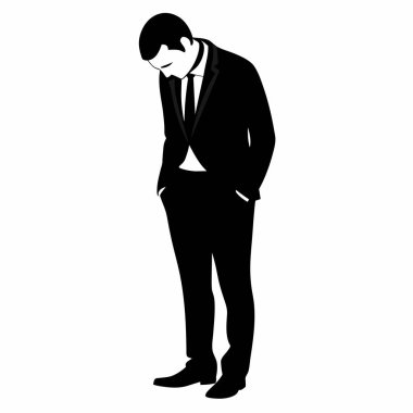 Takım elbiseli dalgın bir işadamının silueti kurumsal stres, tefekkür ya da karar verme için mükemmel. Minimalist siyah-beyaz vektör çizimi, iş sunumları, web siteleri ve pazarlama materyalleri için ideal. İzole et